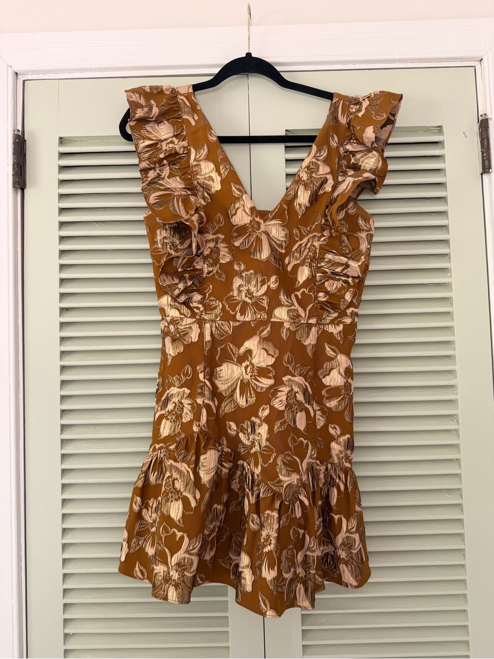 LoveShackFancy Rust Floral V-Neck Dress with Pink & Gold Accents